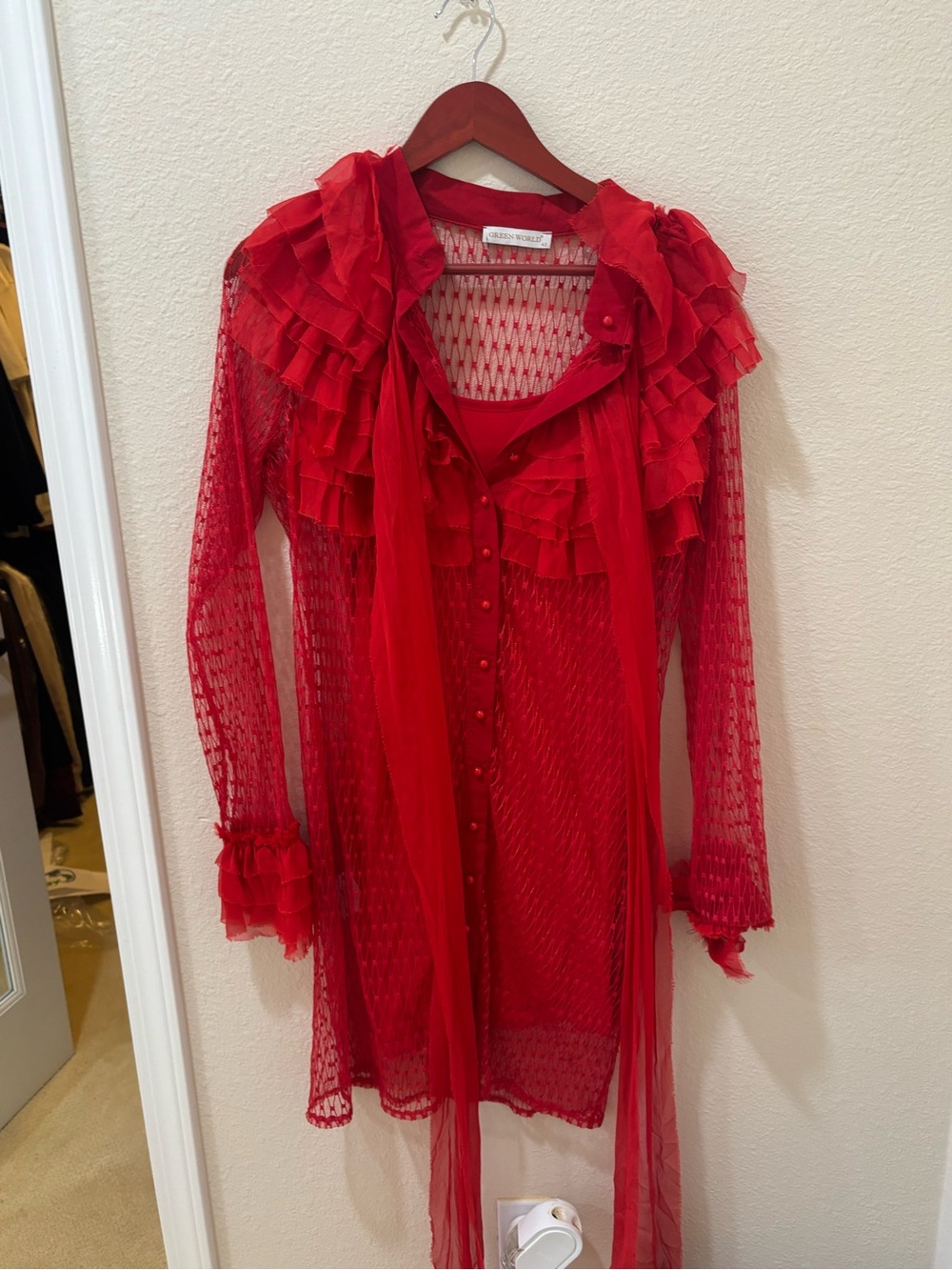 Red Ruffled Sheer Button-Front Tunic
